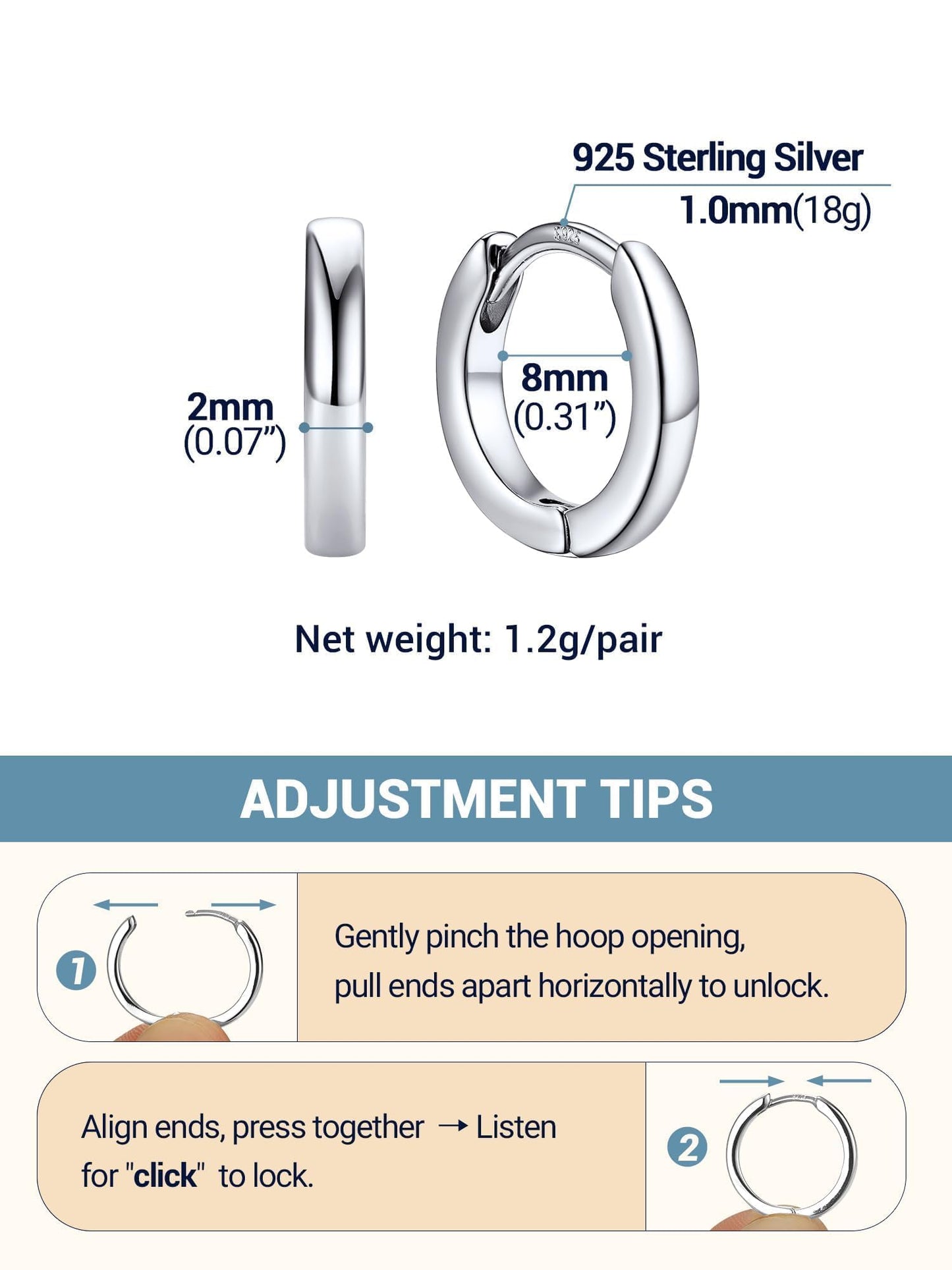 Silver Hoop Earrings For Women Hoops Earring Hypoallergenic 8mm Tiny Huggie Jewelry Non Tarnish Cartilage Piercing Waterproof Ear Earings