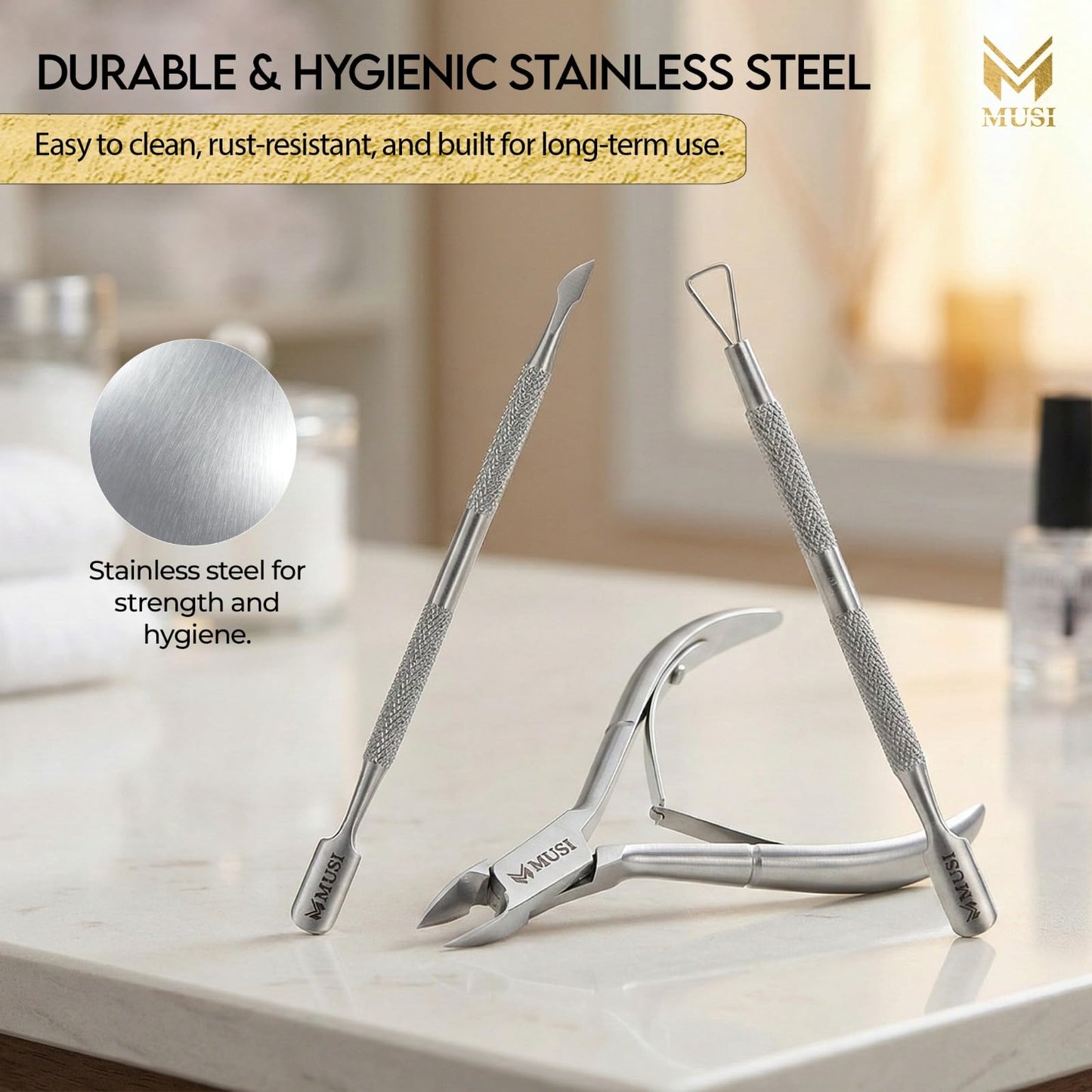 MUSI 3 PC Cuticle Trimmer Clippers & Pusher, Trim Cuticles & Remove Dead Skin for Manicure & Pedicure and Groom Fingernails & Toenails with Sharp, Efficient Cuticle Nipper Kit Men & Women