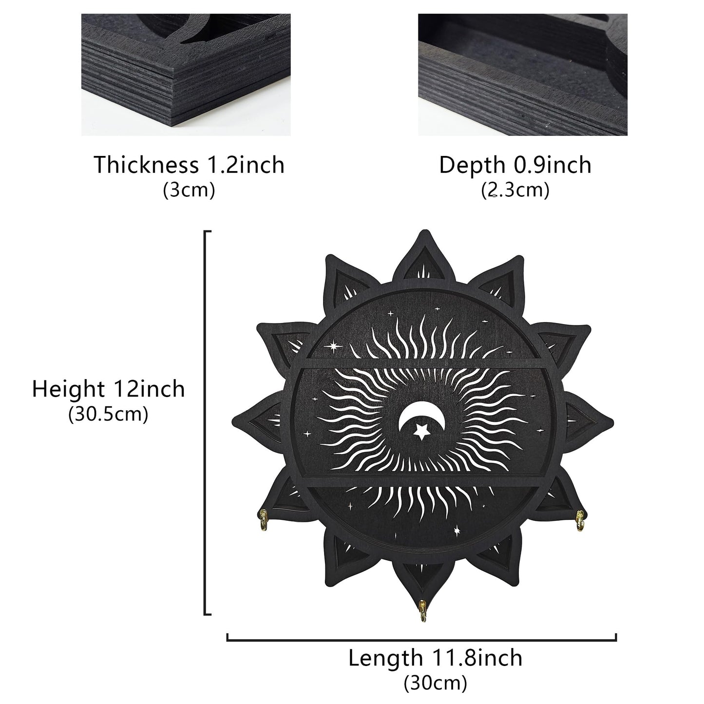 FNYDOX Chakra Lotus Flower Crystal Display Shelf with LED Light, Witchy Home Decor Boho Decorative Wall Mounted Trinket Shelf Wooden Sun Moon Shelf Rock Case Stone Storage Floating Hanging Holder