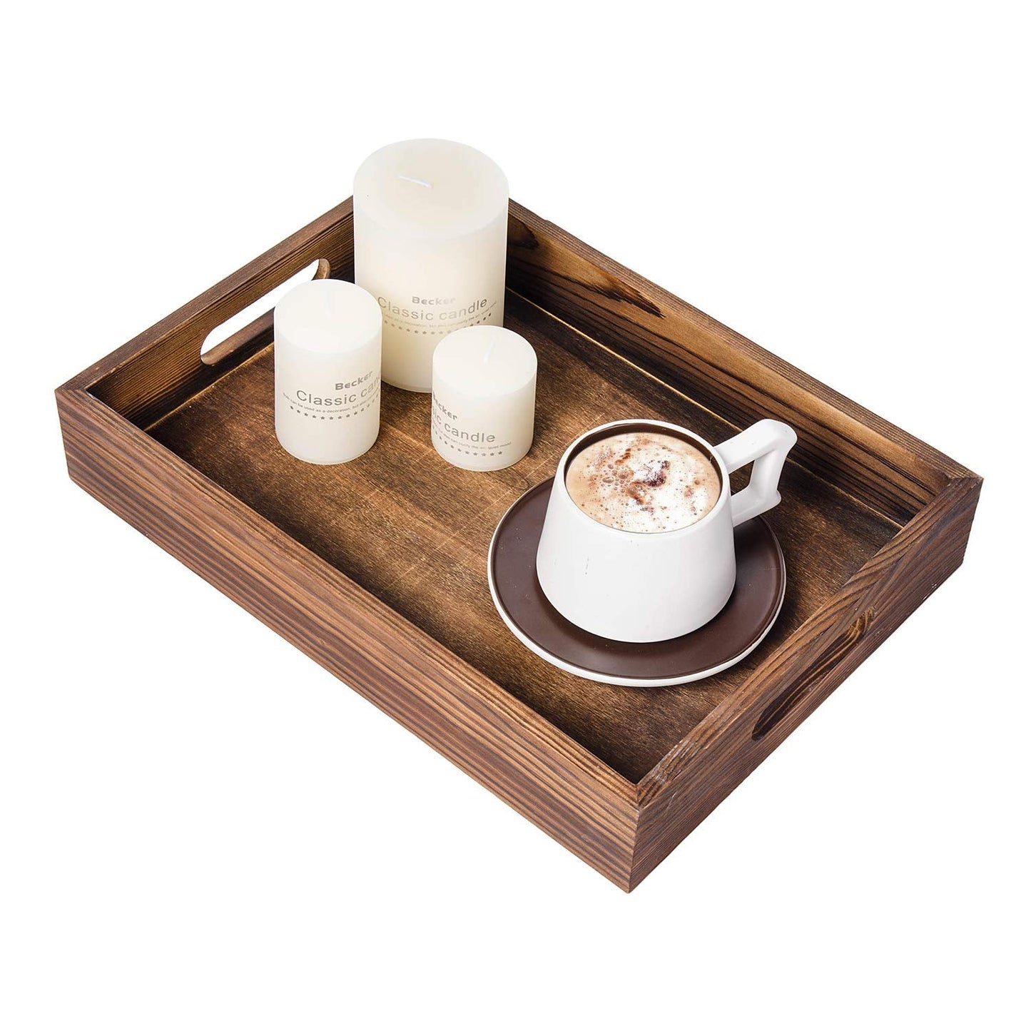 ExoLiry Rustic Brown Wood Food Serving Tray Cutout Handles Breakfast in Bed Coffee Wine Rectangular Ottoman Nesting Crate Tabletop Storage Box Desktop Document Holder Party Office Home Kitchen