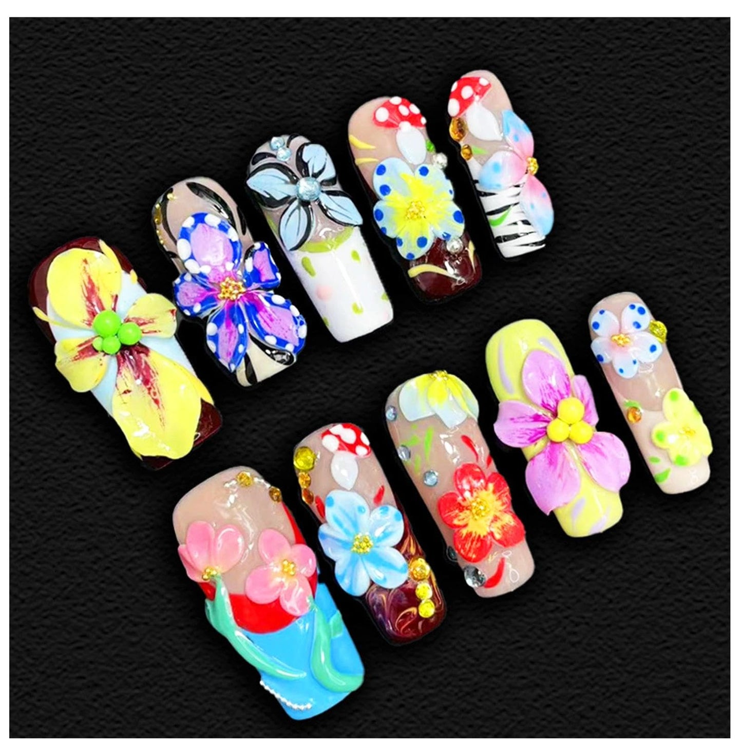 Handmade 3D Floral Art Colorful Square Press On Nails, Sweet Rhinestone Artisan Nails Set, Reusable Glossy Press-ons with Tool Kit(S)