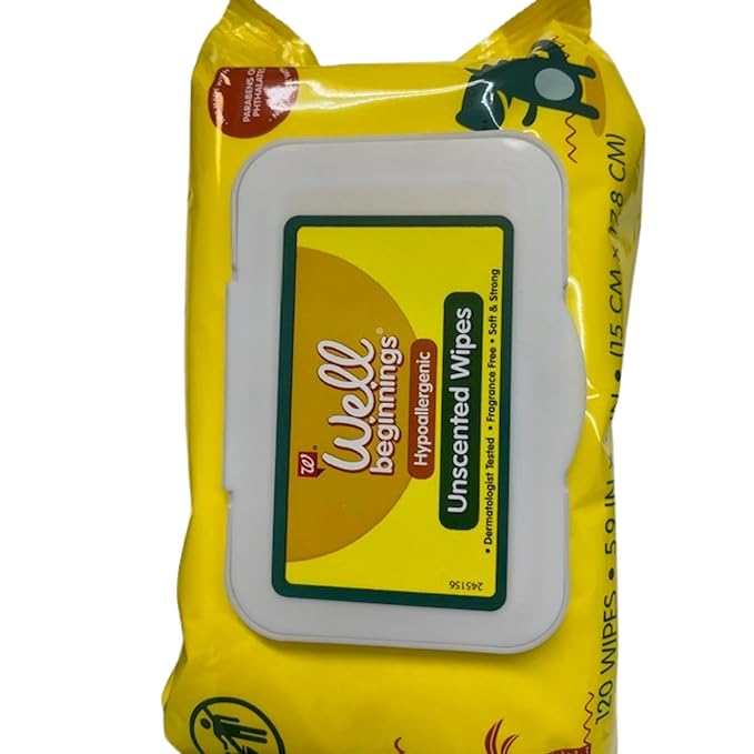 Pack of 5 Well Beginnings Hypoallergenic Unscented Wipes Dermatologist Tested Fragrance Free Soft & Strong, 120 Wipes