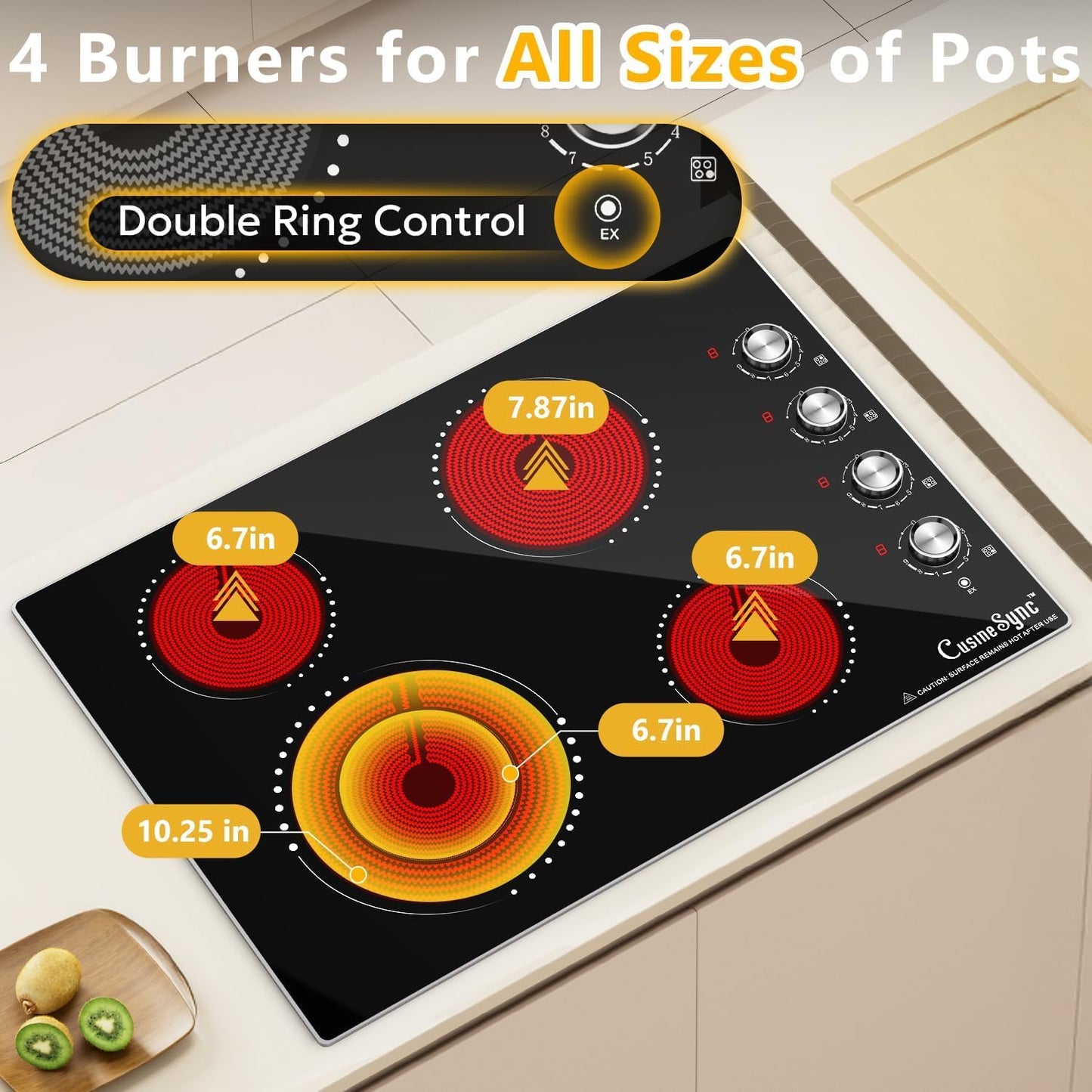 Cusinesync 30 Inch Built-In Electric Ceramic Glass Cooktop, 4 Burners, 7200W Total Power, Knob Control, Compatible with Flat-Bottom Cookware, 220-240V Hardwired