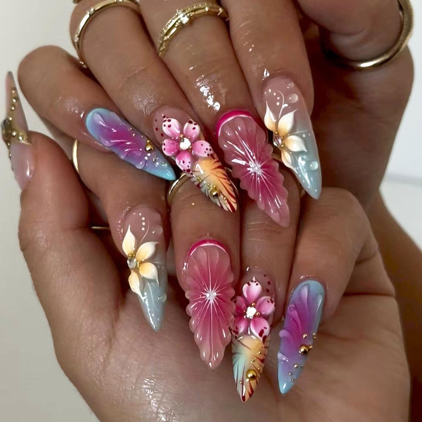 IMSOHOT Press on Nails Almond Medium Fake Nails - 3D Flowers, Golden Star, Rhinestone Designs, Glossy Full Cover Glue on Nails Acrylic Artificial False Nails for Women Manicure Decorations