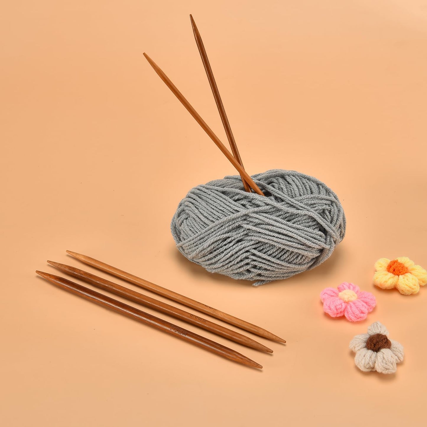 Double Pointed Knitting Needles Set,75 Pcs Wooden Bamboo Knitting Needles Kit,15 Sizes from 2.0mm-10.0mm,with Small Tools,Straight Wood Needles for Beginners,Making Sweater,Scarf,Sock,Weave