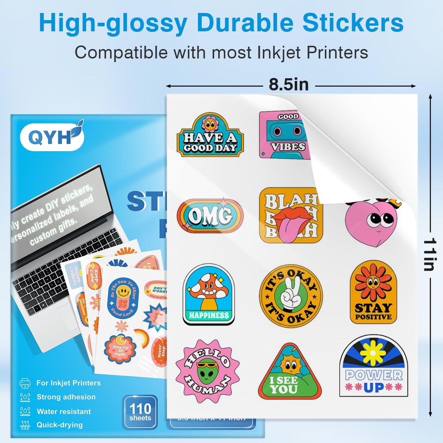 QYH Printable Vinyl Sticker Paper for Inkjet Printer - 110 Sheets Glossy White Waterproof Self-Adhesive Sticker Paper, 8.5"x11" Letter Size for Custom Decals, Labels & Crafts