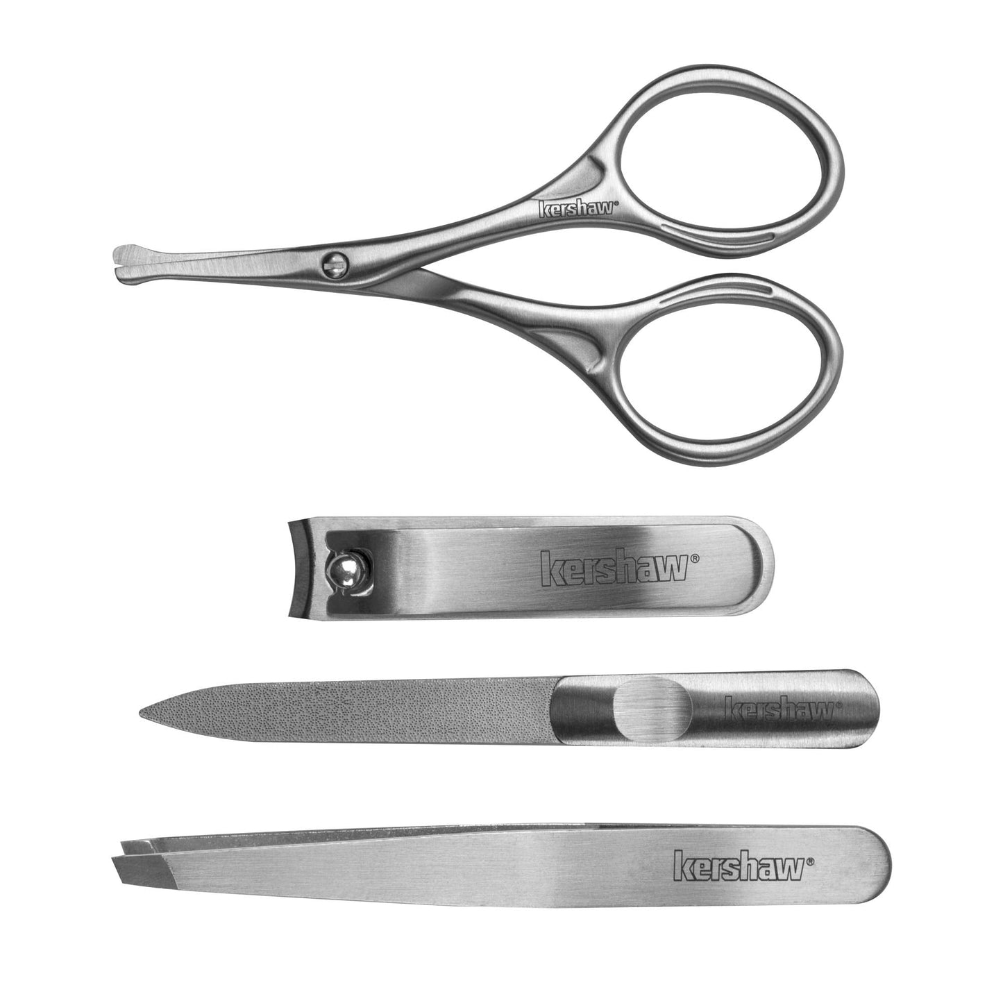 Kershaw Manicure Kit, 4-Piece Stainless Steel Set with Case, Mens Grooming Kits, Includes Fingernail Clipper, Double-Sided Nail File, Beard and Moustache Scissors and Tweezers