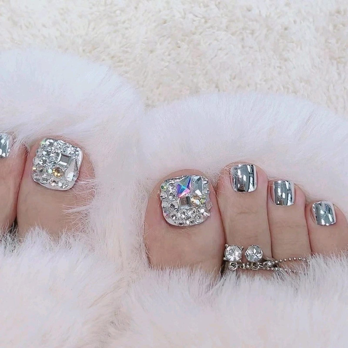 MISUD Press on Nails - Toe Glue on Nails with Silver Chrome, Acrylic Toenails Rhinestone Design 24 pcs