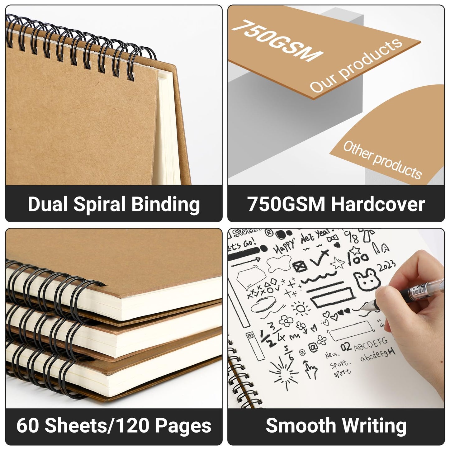 EUSOAR Spiral Journaling Notebooks, A4 6 Packs 8.5"x 11" 120 Pages Hardcover Spiral Blank Notebook, Blank Journal Unlined Notebooks Bulk for Student Office School Diary Drawing Writing-Brown