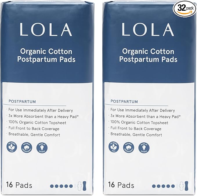 LOLA Organic Cotton Postpartum Pads, 32 Count, Ultra Absorbent and Extra Long Pads, Overnight and Full Coverage, Postpartum Essentials