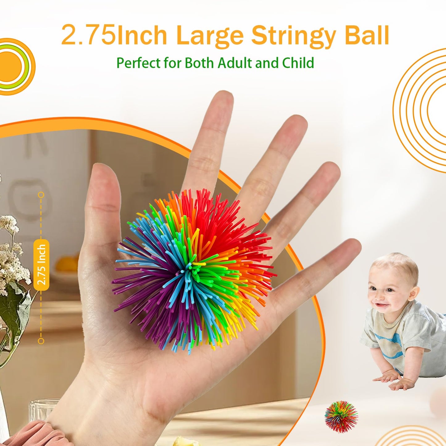 Stringy Balls Bulk, 2.75 Inch Multicolor Rainbow Sensory Stress Bouncy Balls for Kids Adults, Fidget Sensory Toys (15)