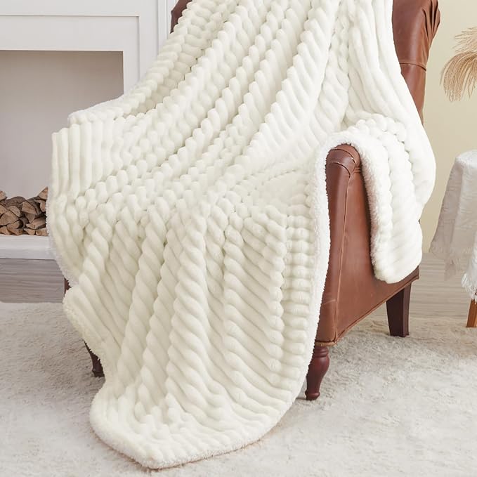 INFIIXSO Sherpa Throw Blanket for Couch - Super Soft & Warm Striped Fleece Blanket, Cozy Plush Fluffy Blanket All Season Use (Cream, 50x60 Inches)