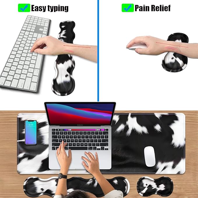 4 in 1 Ergonomic Keyboard Wrist Rest & Mouse Pad Wrist Rest Set, Large XXL Gaming Desk Mat 31.5"x 11.8" with Non-Slip Base, Memory Foam for Home Office Study Gaming, Black and White Cow Print