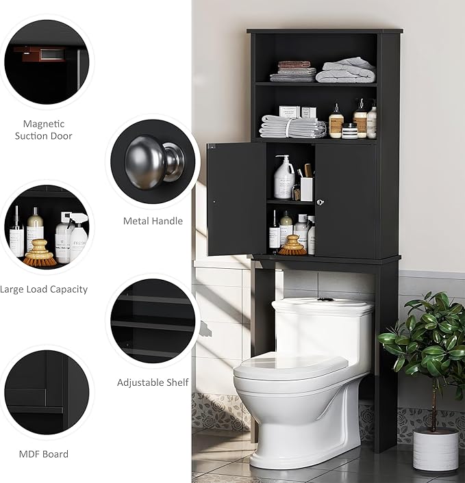Meilocar Over The Toilet Storage Cabinet for Bathroom, 75in Black Over Toilet Cabinet Freestanding Storage Organizer, Space Saver with Doors and Adjustable Shelf, Black