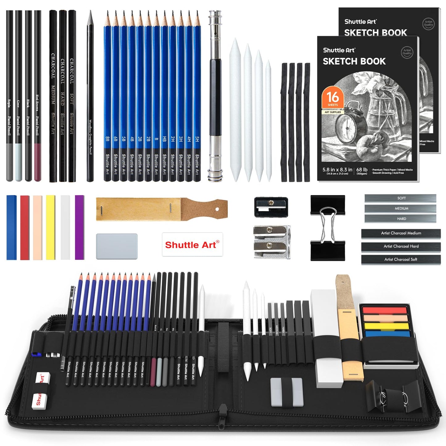 Shuttle Art 52 Pack Drawing Pencils Set, Professional Art Kit with Graphite Charcoal Sticks, Drawing Pad in Portable Case, Ideal for Kids and Adults Artists