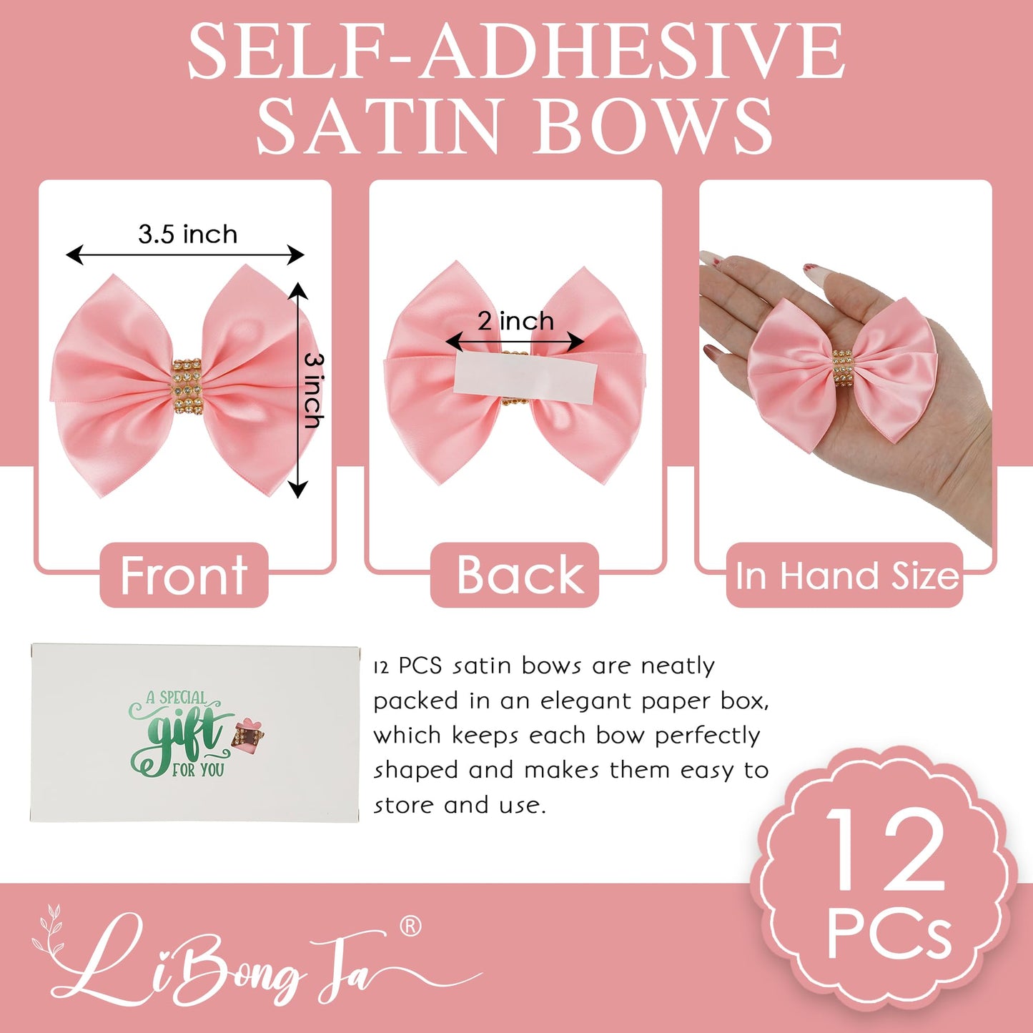 LiBongTa Pink Satin Bows 12 PCS Premade Self Adhesive 3.5" Gift Bows with Rhinestone for Wedding Party Event Decor Gift Wrapping Craft Baby Shower Wedding Treat Bags Presents Making Greeting