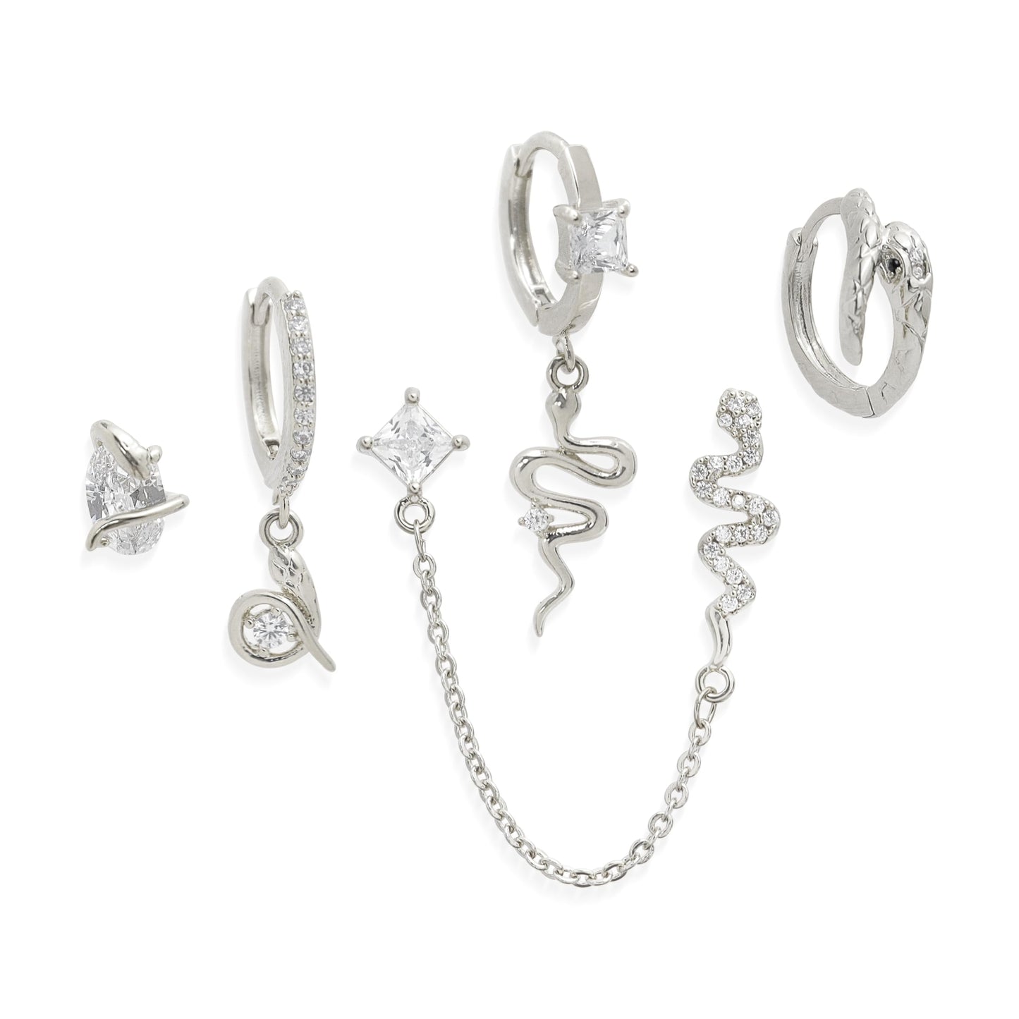 Frigotine Silver Snake Small Hoop Stud Earrings Stack Set for Women, Dainty Sparkly Rhinestone Crystal Drop Multiple Piercing Cartilage Huggie Earing Holiday Prom Fashion Jewelry Gift