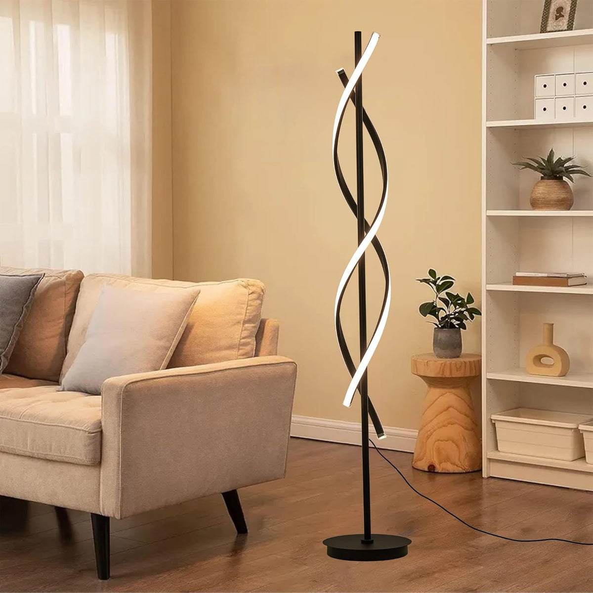 Unique Spiral Floor Lamp 3 Color Dimmable with Remote Standing Floor Lamp, Modern Creative Tall Lamp Control for Living Room Bedroom and Office Black