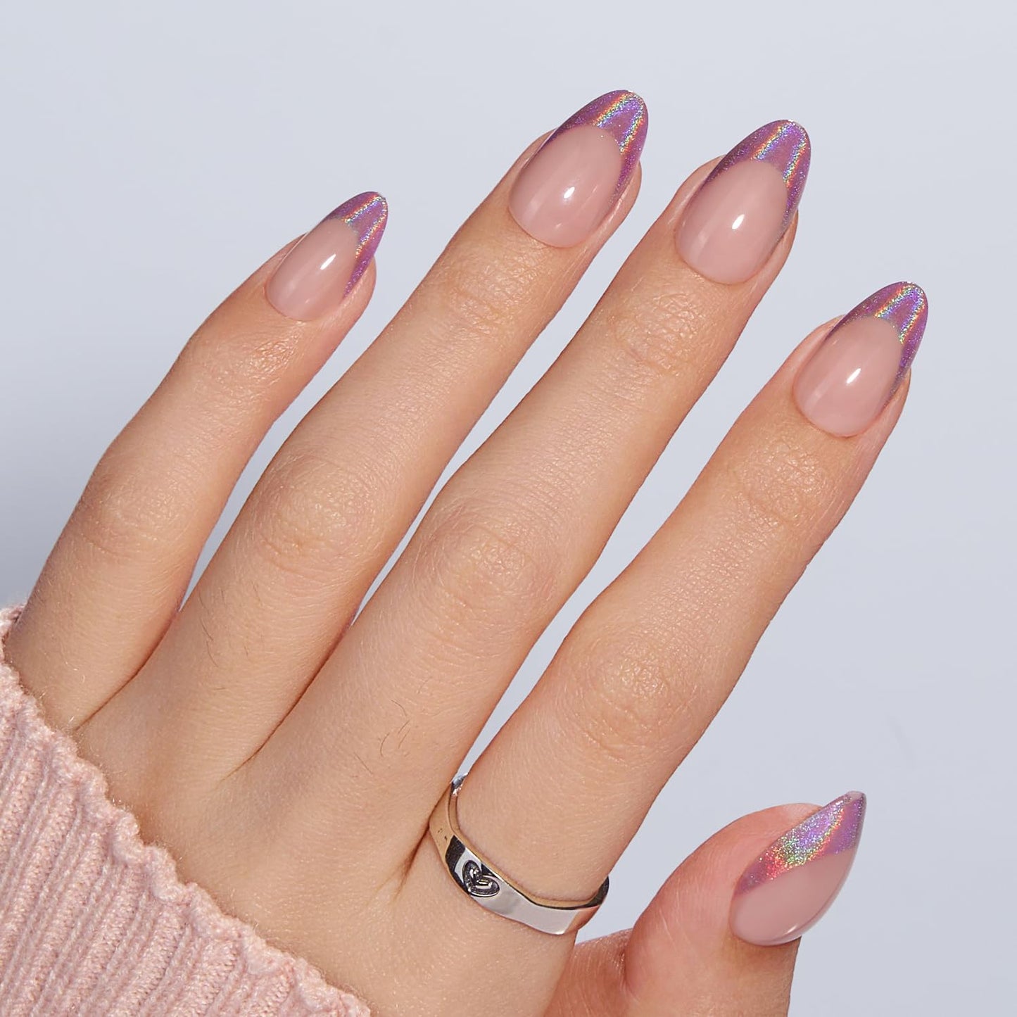 VSALON Press on Nails Short Almond, Cat Eye Nails Set, French Tip Reusable Gel Fake Nails Set, Dual Glam Nails & Mini Pack