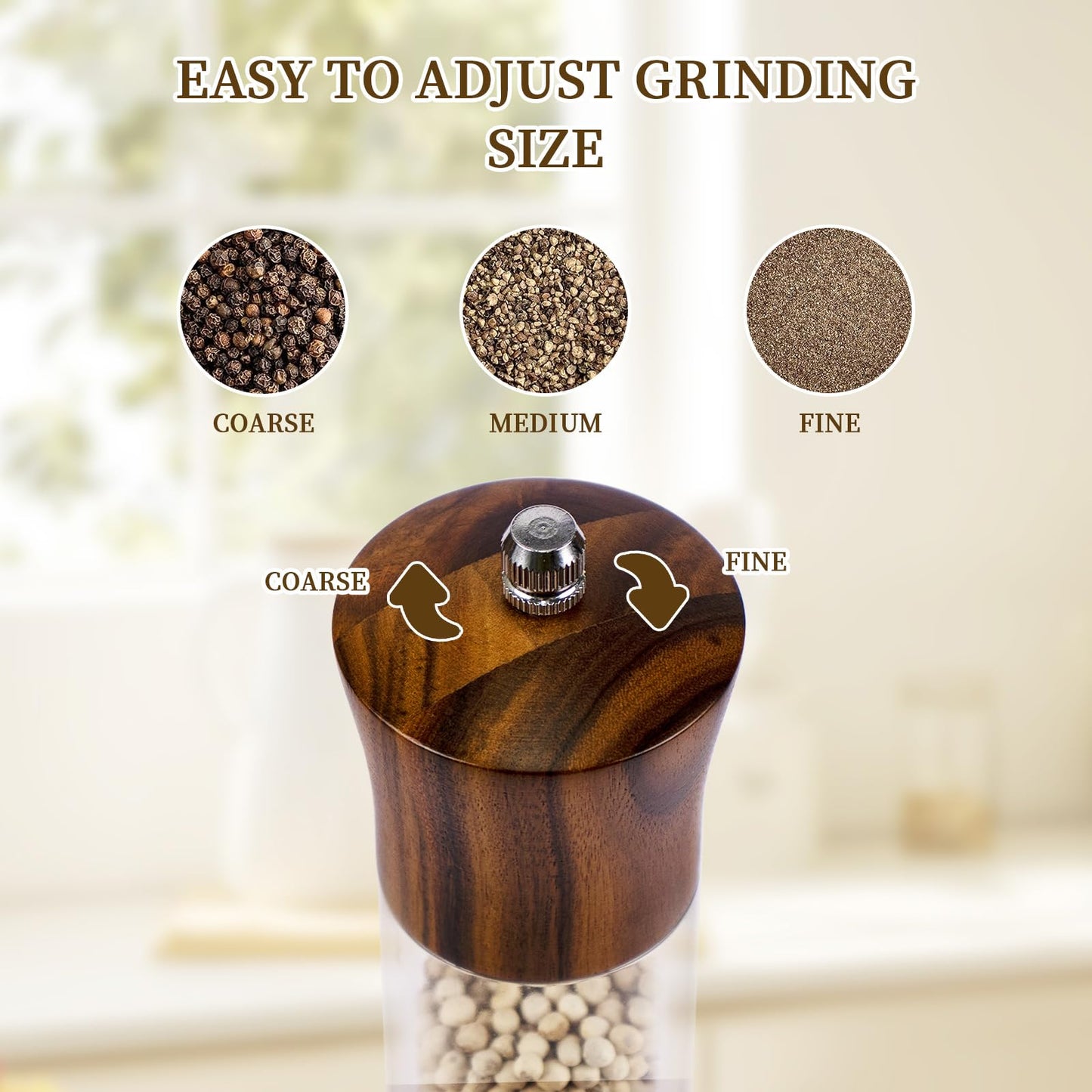 XWXO Acacia Wood Premium Acrylic Salt and Pepper Grinder Set 8 Inches Salt and Pepper Mill Set, Manual Mills- Wooden Shakers with Adjustable Ceramic Core 2 Pack for Kitchen Home Gift