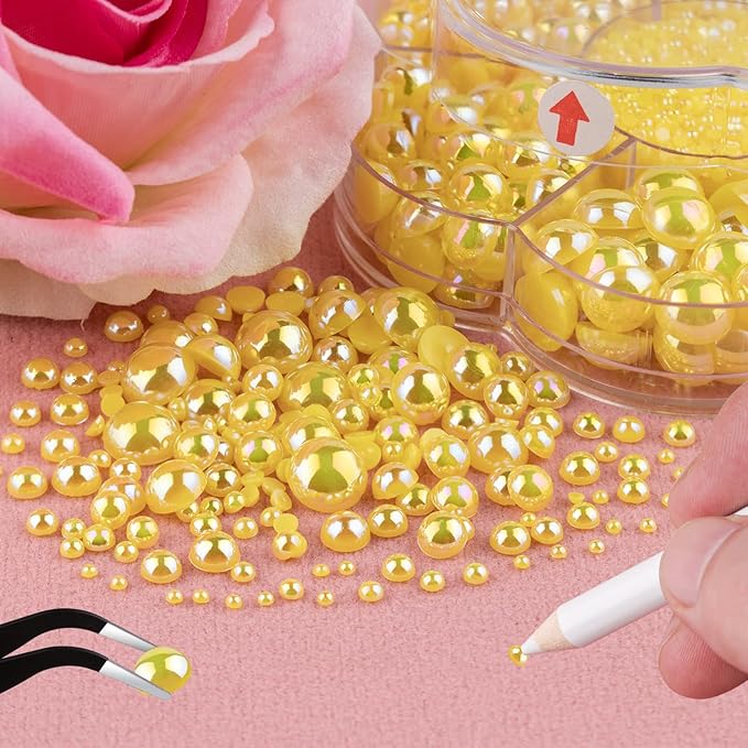 Nail Art Flat Back Half Round Pearl Kits 30, 1 Box of 6000 Pcs Flat-Back Lemon Yellow AB Pearl with Tweezer and Picker Pencil for Home DIY Nails Body Face Craft and Salon Use