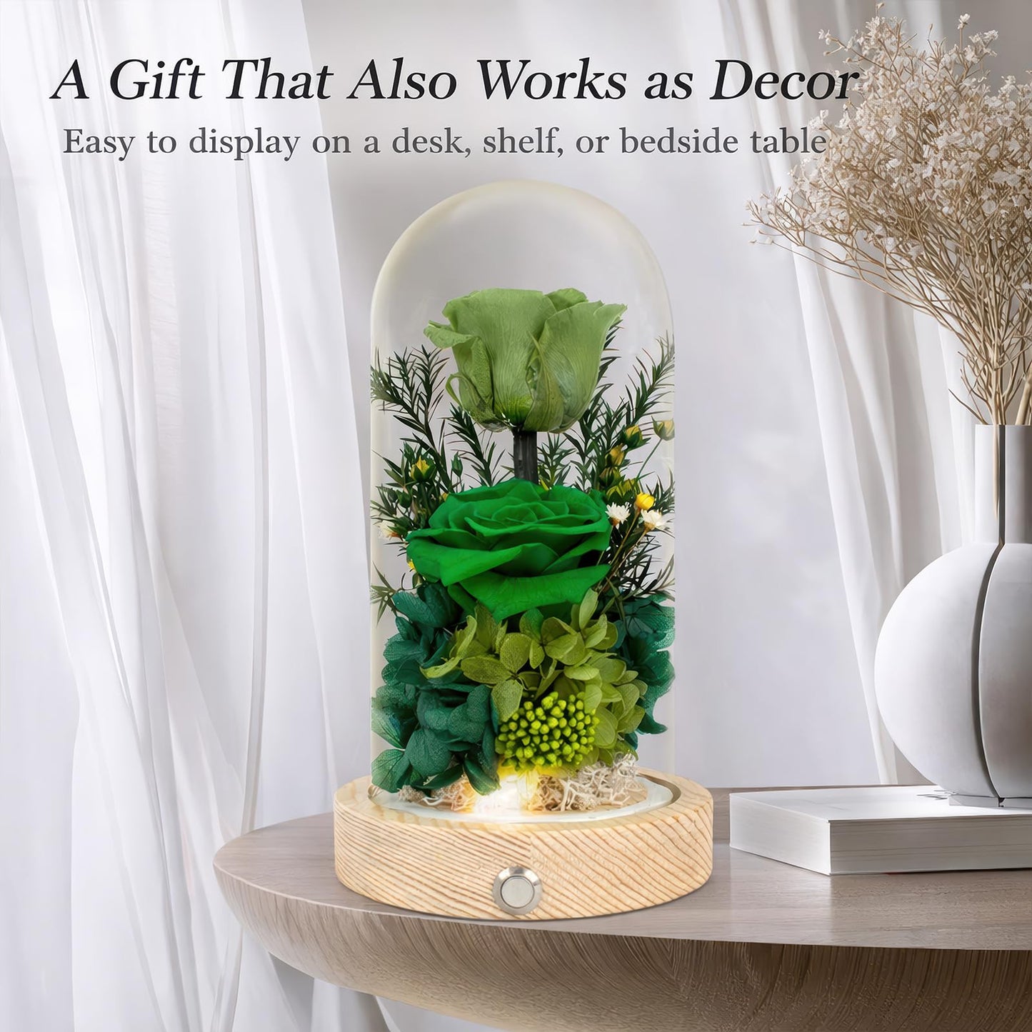 Regalo Flor Preserved Flowers Gifts for Women, Unique Green Preserved Roses in Glass Dome, Forever Flowers for Mom, Birthday Gifts for Women