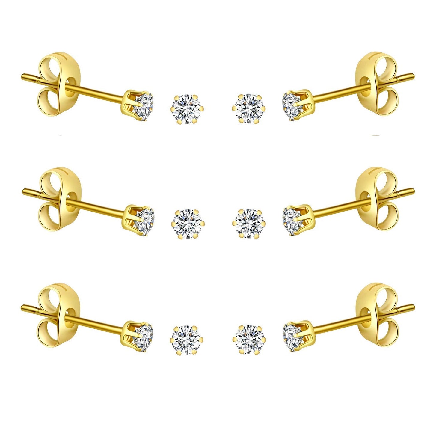 FOSIR 6 Pairs 3mm Tiny Women's 14K Gold Plated Stainless Steel Cubic Zirconia Stud Earrings, Hypoallergenic 316L Earrings Pack