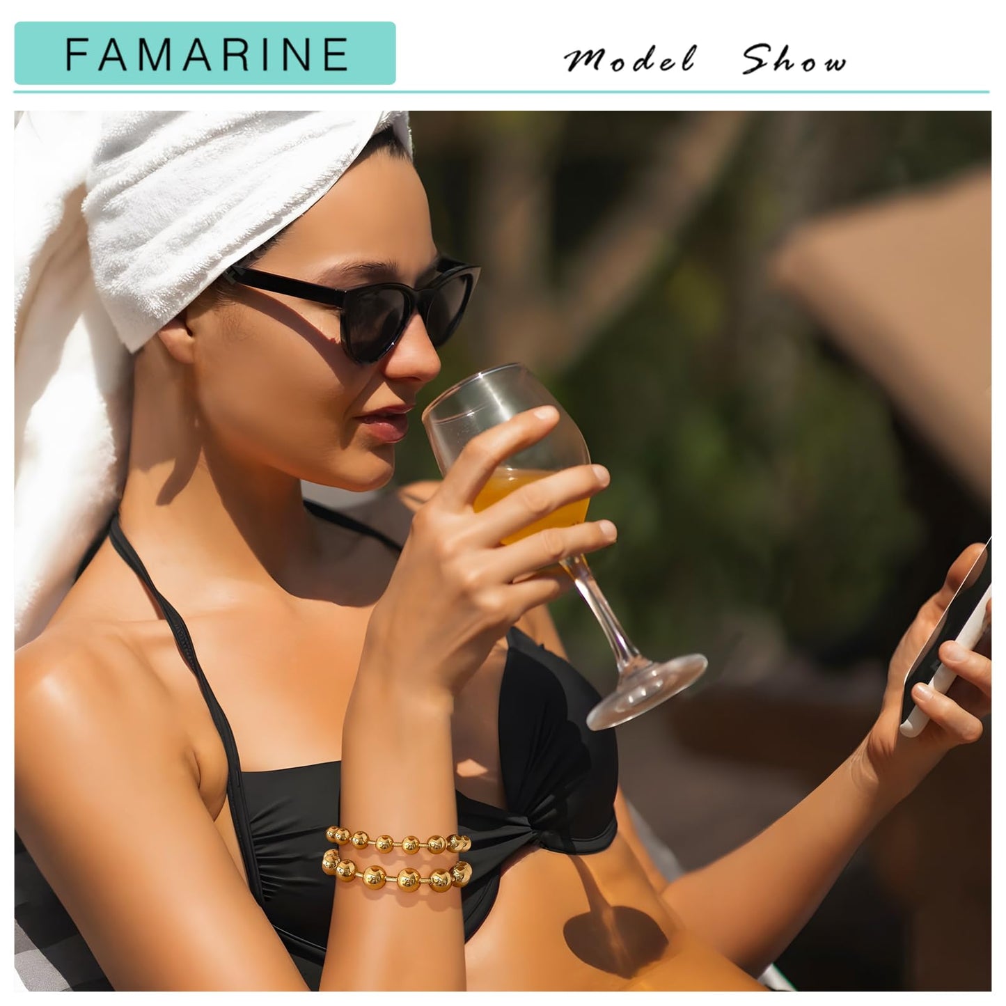 FAMARINE 2 Pairs Beaded Bangle Bracelet, Stainless Steel Bead Stackable 14K Gold Plated Bracelet for Women Men