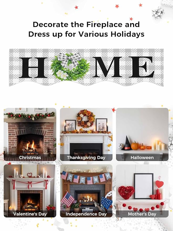 Rustic Home Fireplace Mantel Scarf Table Runner,Green Eucalyptus Leaves Wreath Wooden Plaid Winter Garland Mantel Top Tablerunners Dresser Scarves Cover for Windows Party Living Room 90"x17"