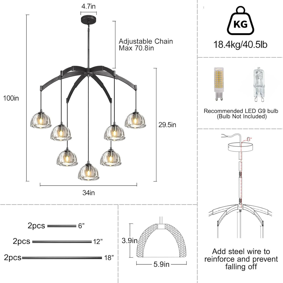 Modern Crystal Chandeliers, Black Round Chandelier for Dining Room, Large Arc Chandelies for Living Room, 7-Light Dining Room Light Fixture 34" Pendant Light Chandelier for Staircase Bedroom