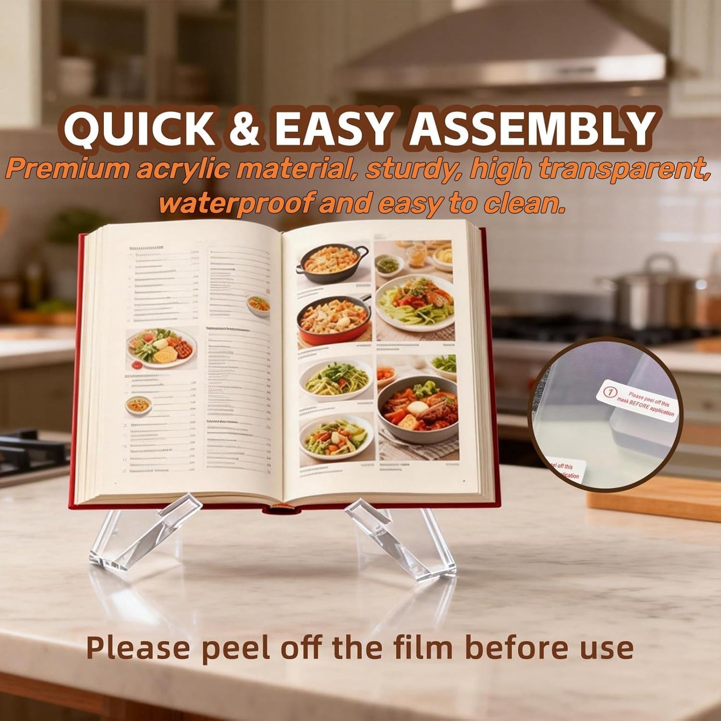 Cookbook Stand for Kitchen Counter Holds Books, Acrylic Cookbook Holder for Kitchen Counter Decor, Adjustable & Multifunctional Recipe Book Holder, Clear Display Holder