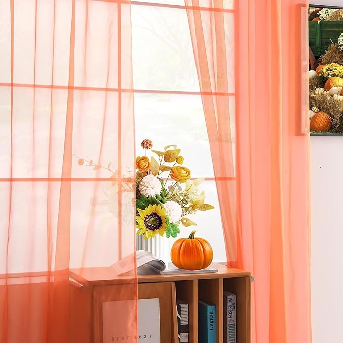 youleyar Solid Sheer Rod Pocket Curtain Voile Draperies 2 Panels White Beige Black Grey Coffee 52 Inch Width 54 Inch Long 1 Pair for Kitchen Bedroom Children Living Room Yard (Orange Red,52Wｘ54L)