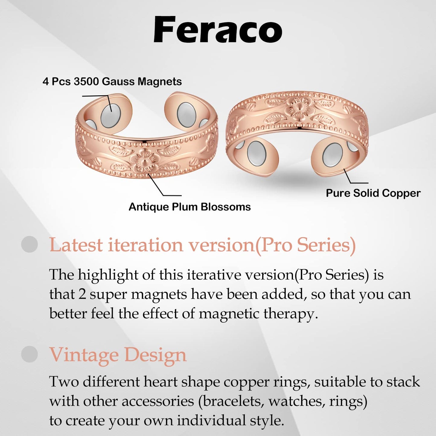 Feraco Copper Magnetic Ring for Women - Ladies Fingers Thumb 99.9% Solid Pure Copper Gifts for Women 2PCS