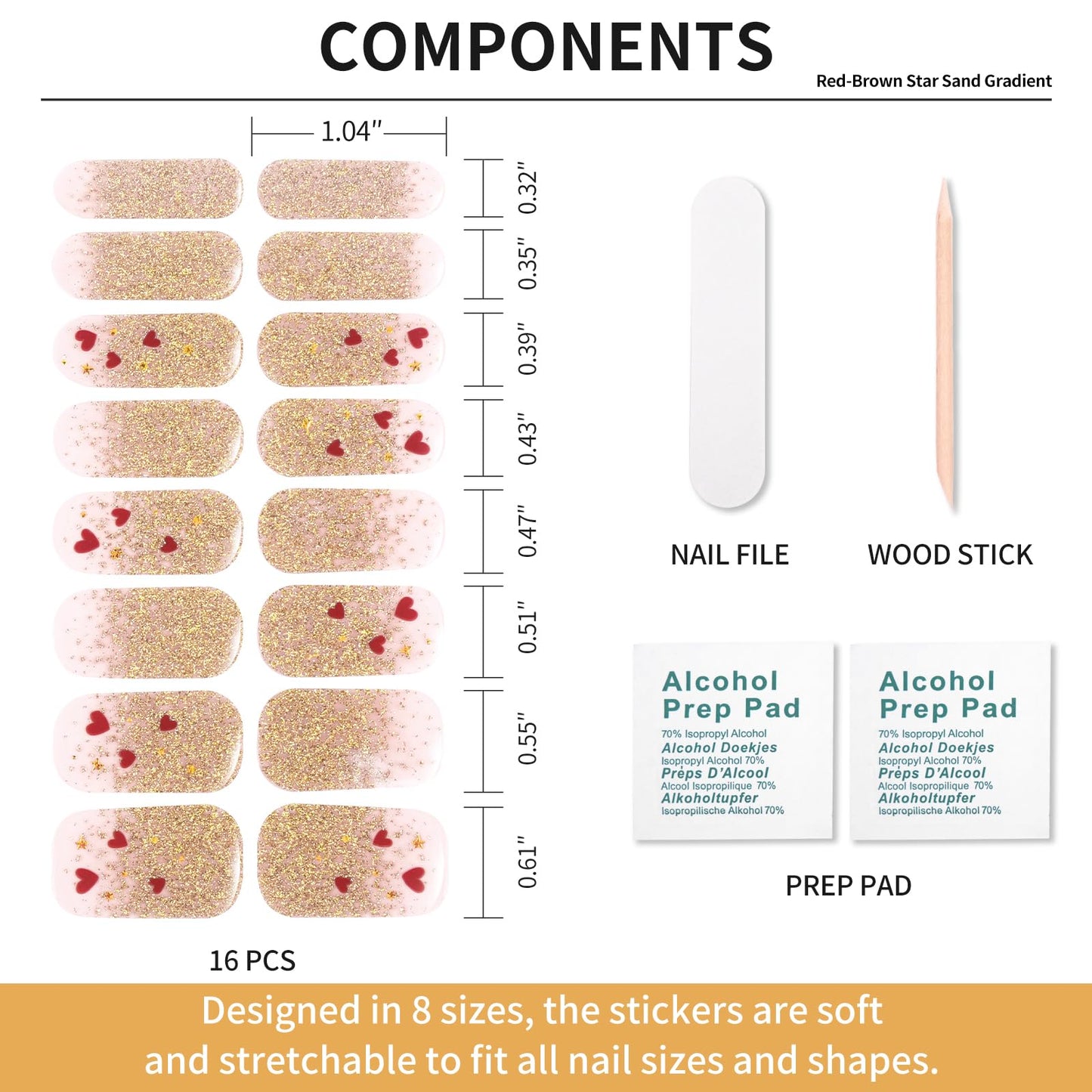 Semi Cured Gel Nail Strips -Nude Pink Glitter- Stylish Nail Wraps, No UV Light Needed, Effortless Application & Removal, Salon Quality, Includes 16 Wraps, 1 Prep Pad, Wooden Stick & Nail File
