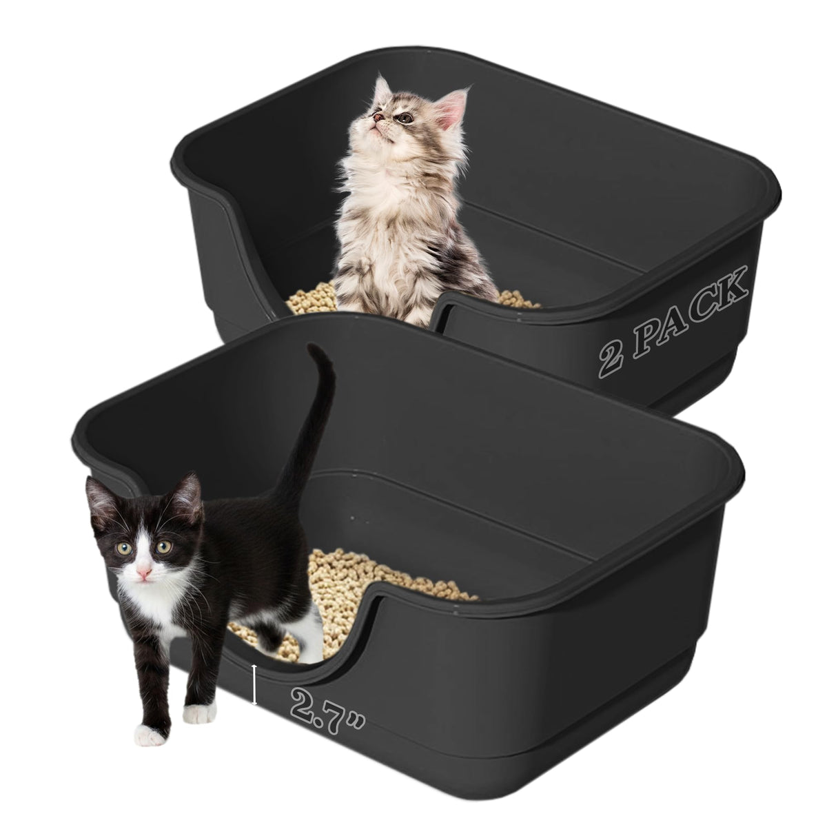 Tehoao 2 Pack Low Entry Small Litter Box for Kittens, Kitty Plastic Litter Boxes, Open Top, Anti-Splash High Sided Litter Tray Pan for Medium Pets, Puppy, Easy to Clean, 15.7"L*11.8"W*6.7"H (Black)