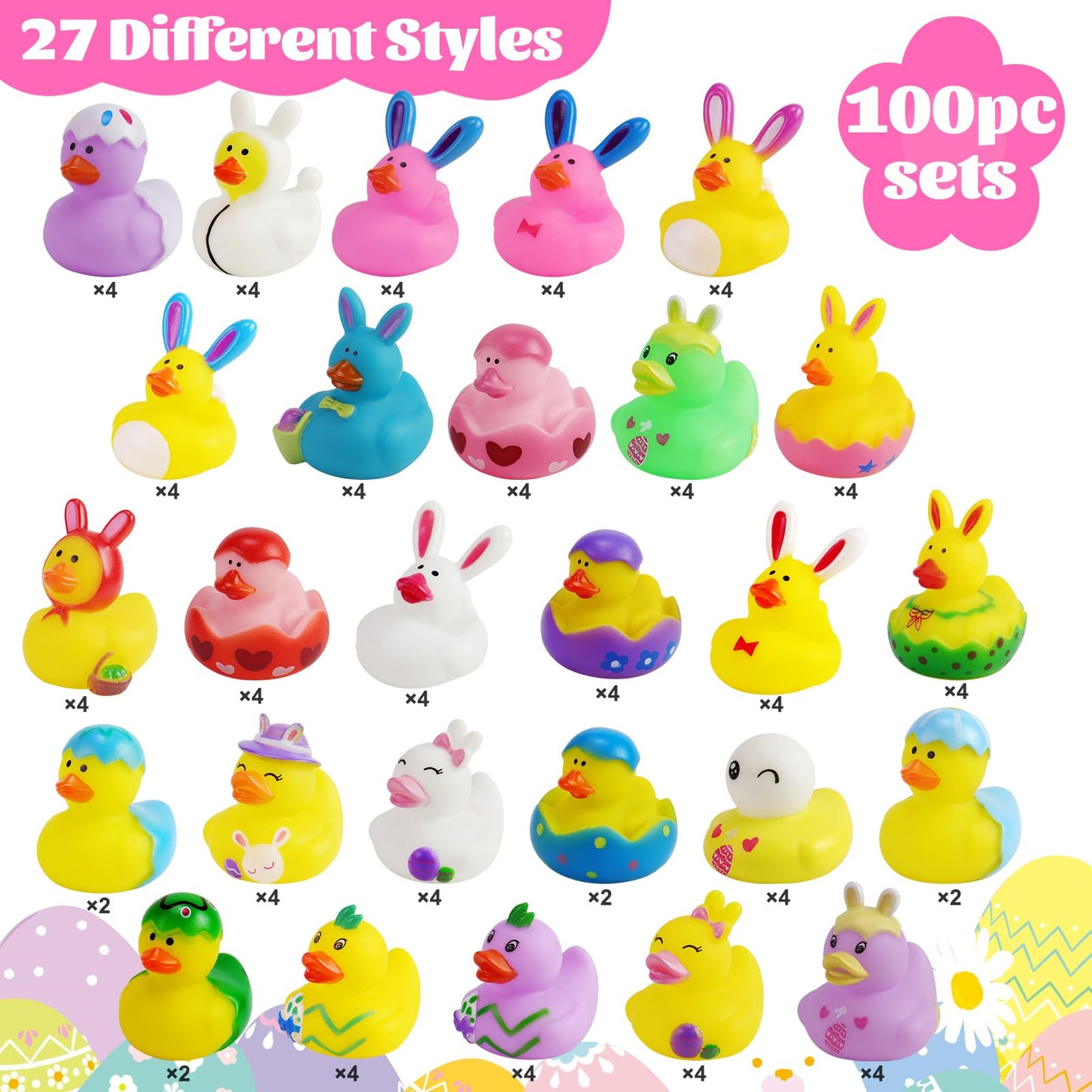 100PCS Easter Rubber Ducks in Bulk,Assorted Gifts Party Favors ,Resurrection Bunny Rubber Duck Pack , Funny Bath Tub Toys for Kids, Baby Showers Accessories