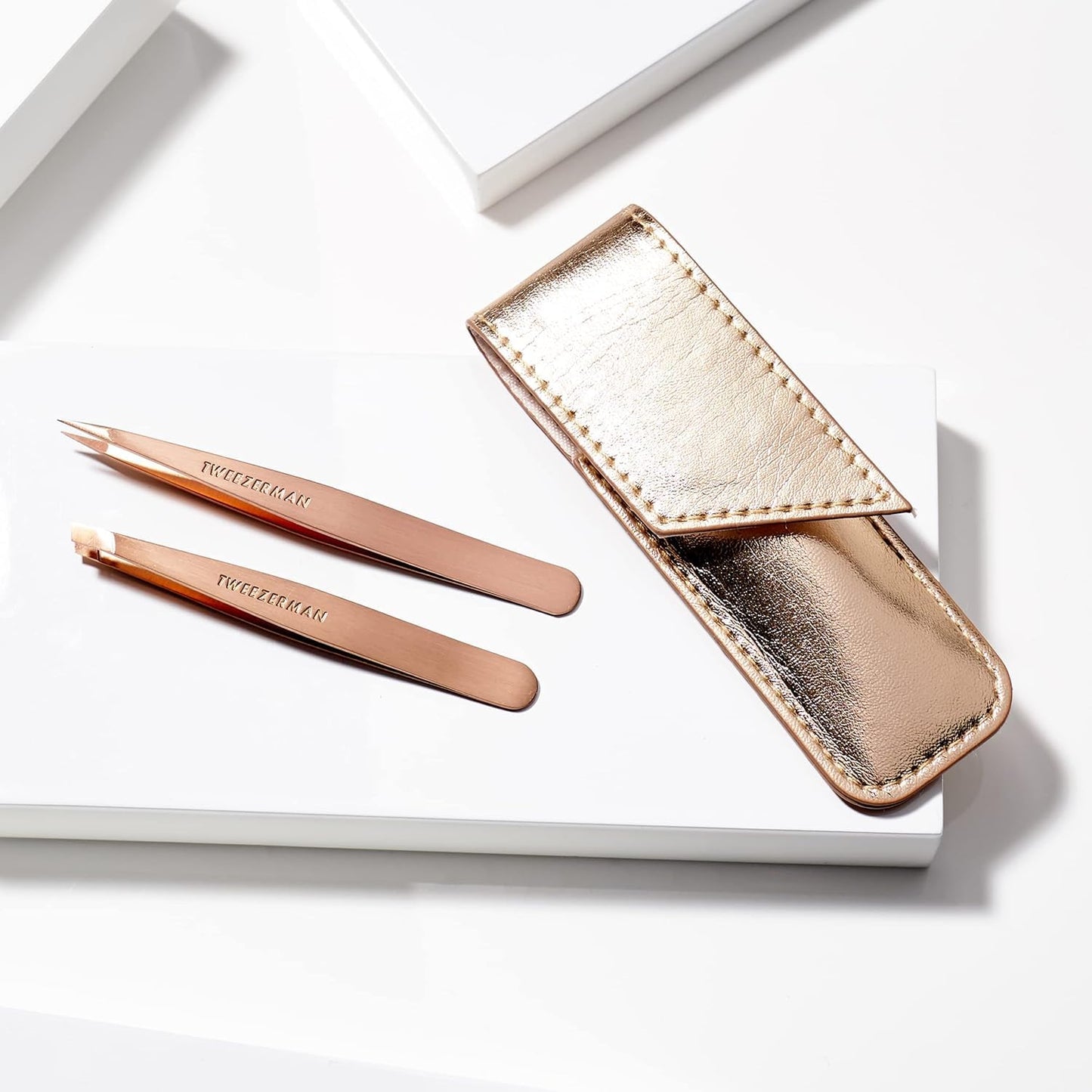 Tweezerman Rose Gold Petite Point and Slant Tweezer Set with Travel Case - Eyebrows for Women and Men