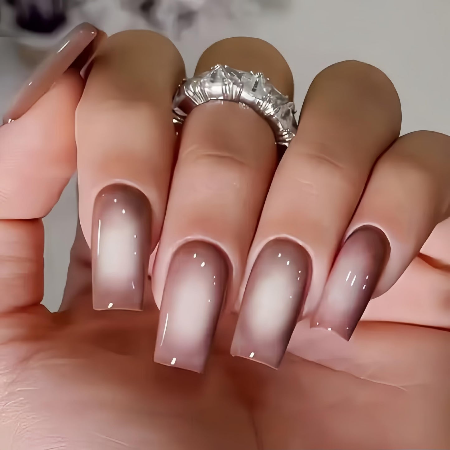 KQueenest Ombre Brown Press on Nails Long Square Shaped Gradient White French Fake Nails Press Ons, Natural Gel Square Tips - 24 Pcs Medium Coffin Acrylic False Nails Set for Women Fall Winter Wear