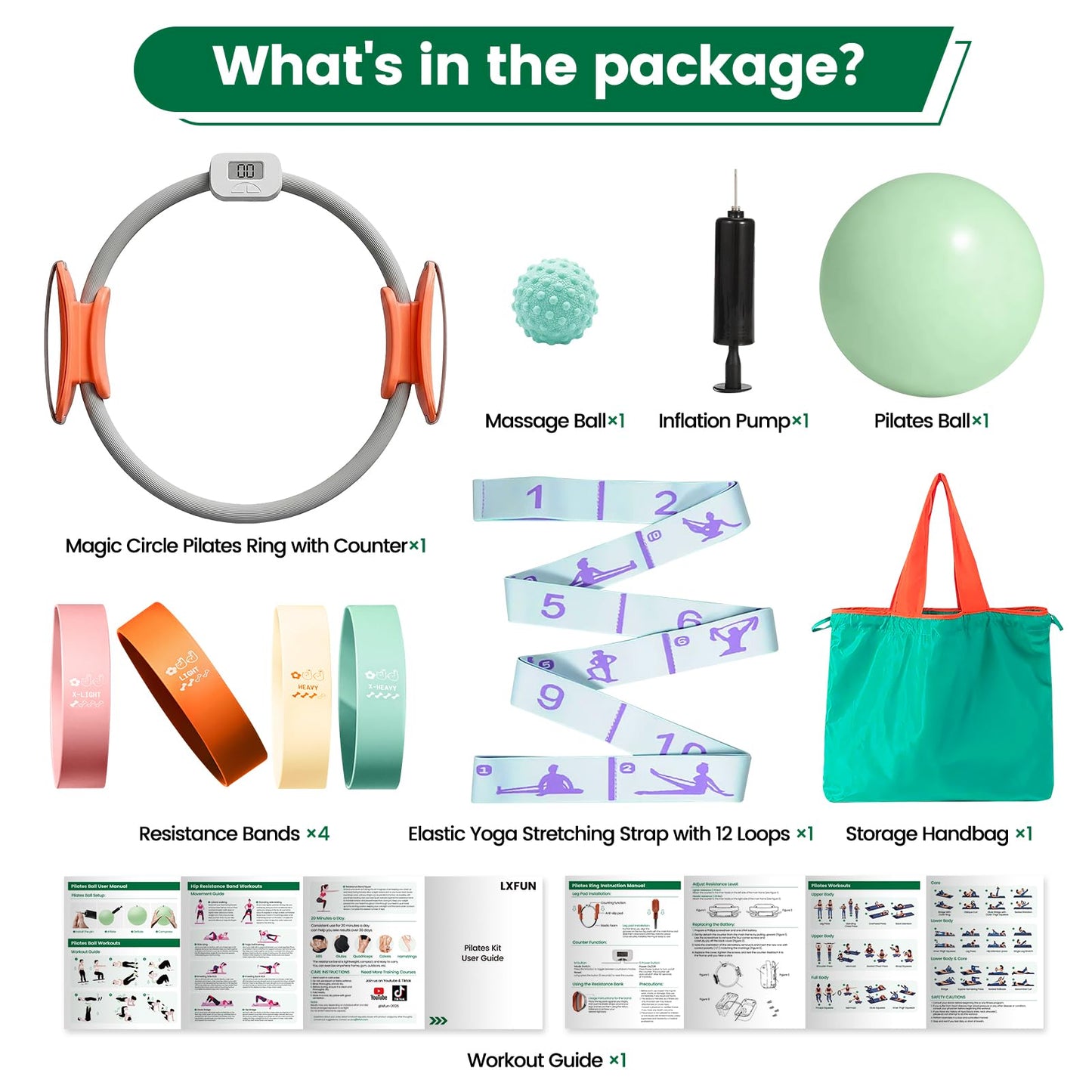 LXFUN Pilates Equipment Kit with Smart Counter Ring - 14" Pilates Ring and Ball Set with Yoga Ball, Resistance Bands, Stretching Strap, Massage Ball & Bag for Home Full Body Workouts