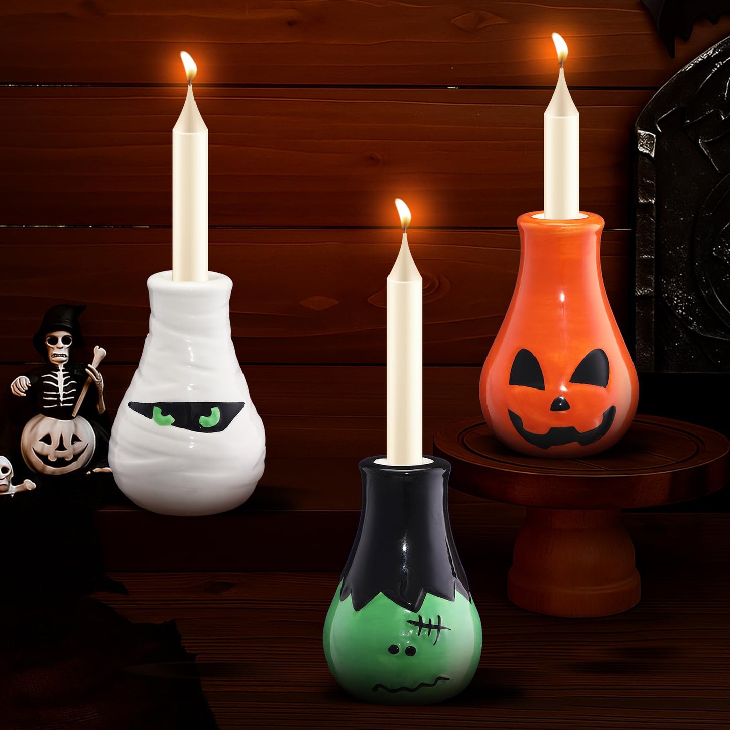 LemonRoad 3 Pcs Fun Halloween Candlestick Holders Pumpkin Wine Glass Candle Stick Holders Ceramic Taper Candle Holder for Halloween Party Holiday Office Home Decor Gift