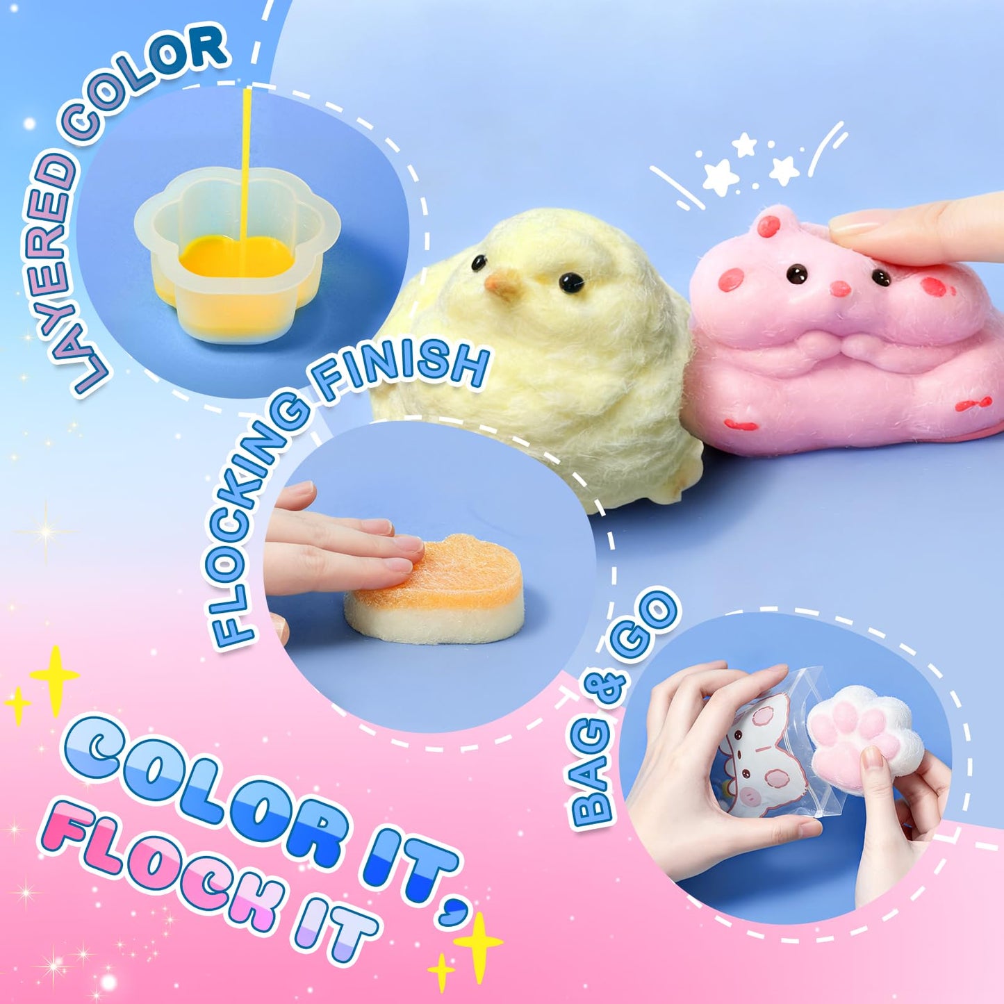 Taba Squishy Maker Kit – DIY Squishy Craft Kit, Silicone Mold Making Set with 18oz AB Silicone Gel, Giant Chick/Paw/Hamster/Cat Molds, Flocking Powder – Stress Relief Craft Gift for Adult