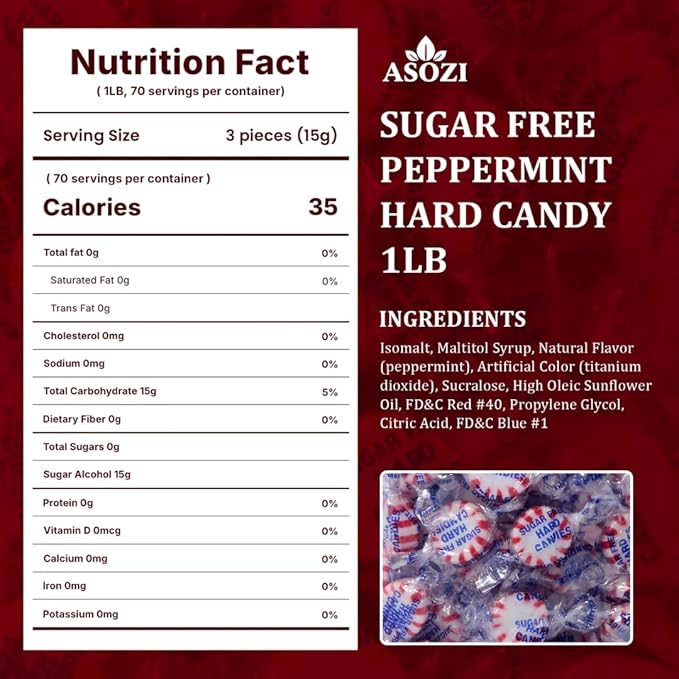 Sugar Free Peppermint Hard Candy- 1lb Bulk Sugar Free Hard Candy, Peppermint Discs Individually Wrapped Keto And Diabetic Friendly, for Parties & Holidays