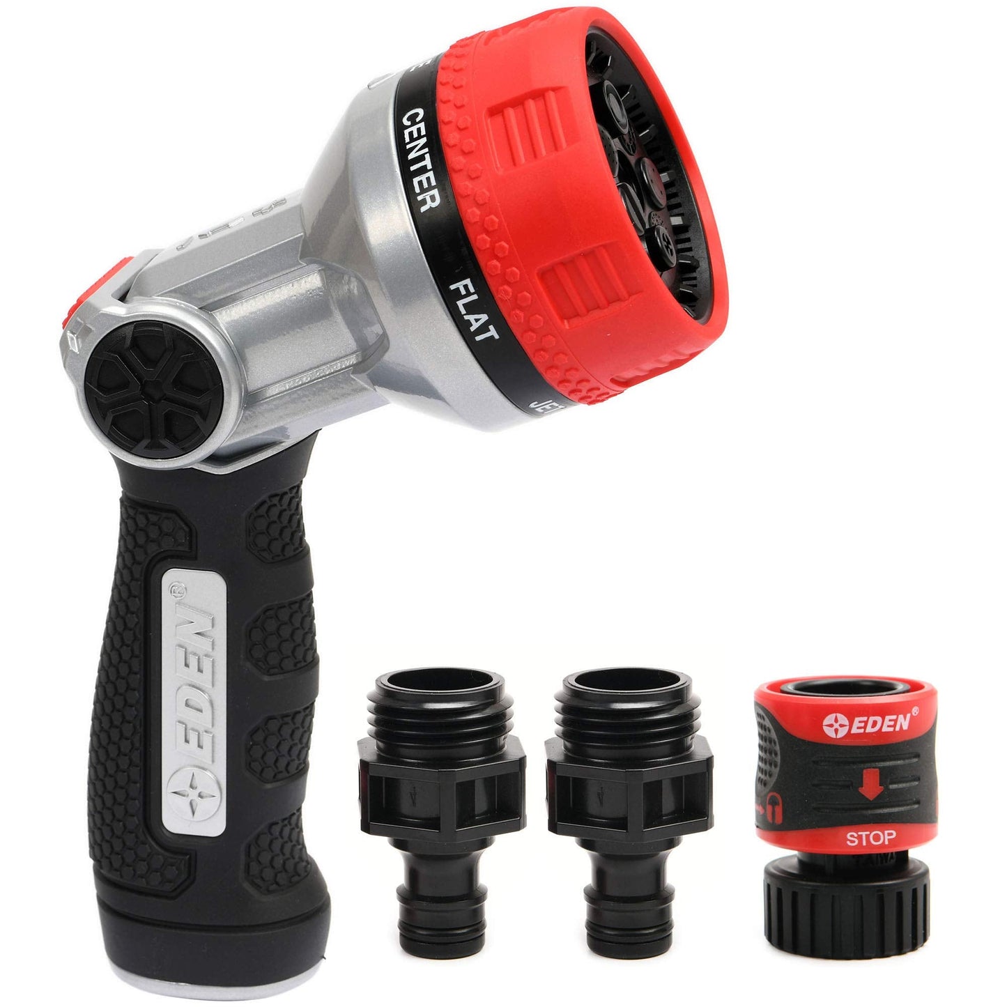 Eden 94805 Metal Thumb Control Heavy Duty Garden Hose Nozzle, High Pressure Water Sprayer W/ 7 Adjustable Patterns, W/Quick Connect Set for Plants, Lawn, Garden