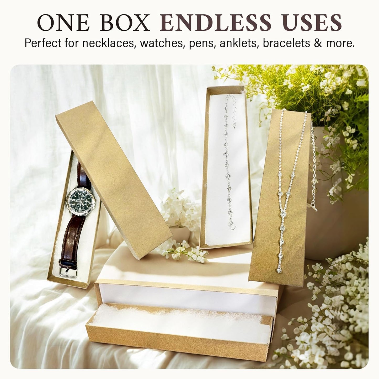 RJ Displays 10 Pack Bracelet Jewelry Boxes, Brown Kraft Cotton Filled Gift Box with Lid – Small Jewelry Gift Box for Necklace, Watch, Bracelet Display Packaging Boxes – 8" x 2" x 1" Inch