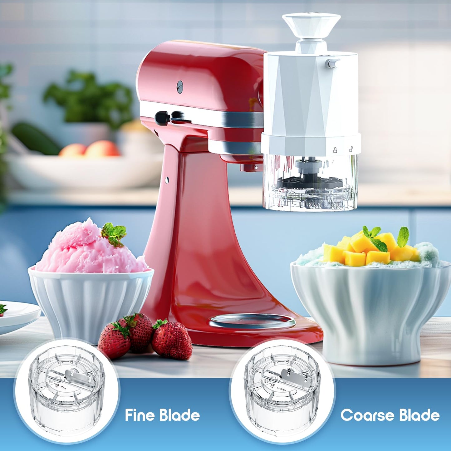Shave Ice Attachment for Kitchenaid Stand Mixer, Shaved Ice Machine for Kitchen aid with Coarse and Fine Blades, 8 Ice Cube Molds, Snow Cone Maker