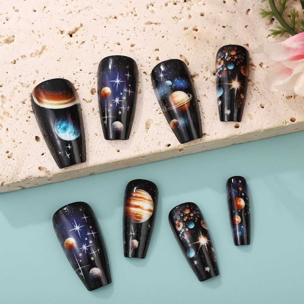 Medium Press on Nails Black Coffin Fake Nails with Full Cover Reusable Glue on Nails Glossy Planet Designs Medium Length Ballet Acrylic Stick on Nails for Women Girls 24Pcs