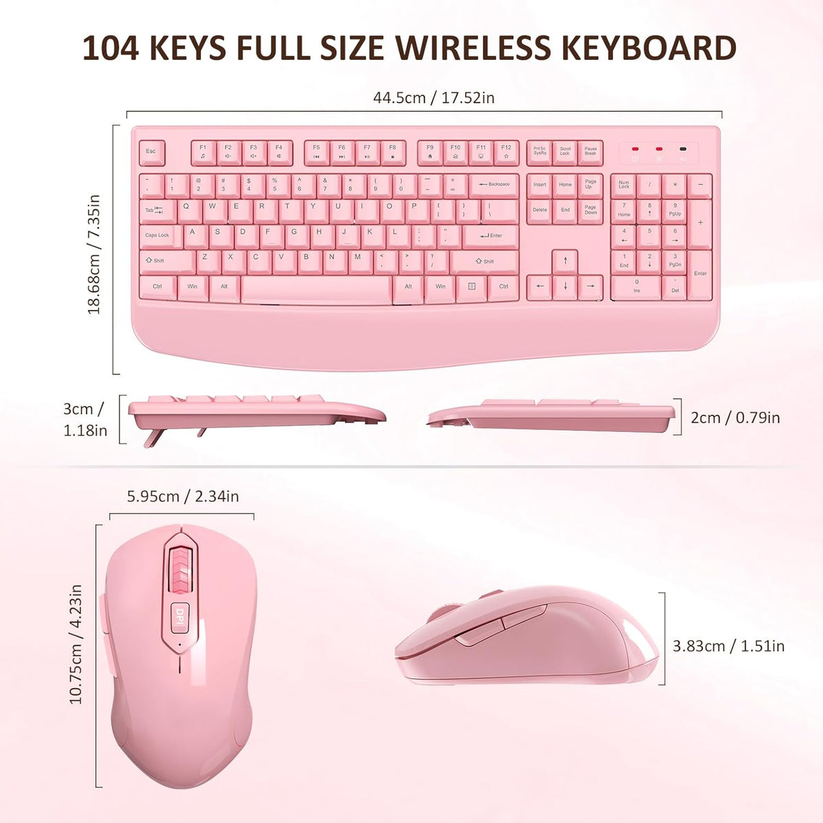 Wireless Keyboard and Mouse Combo, EDJO 2.4G Full-Sized Ergonomic Computer Keyboard with Wrist Rest and 3 Level DPI Adjustable Wireless Mouse for Windows, Mac OS Desktop/Laptop/PC (Pink)