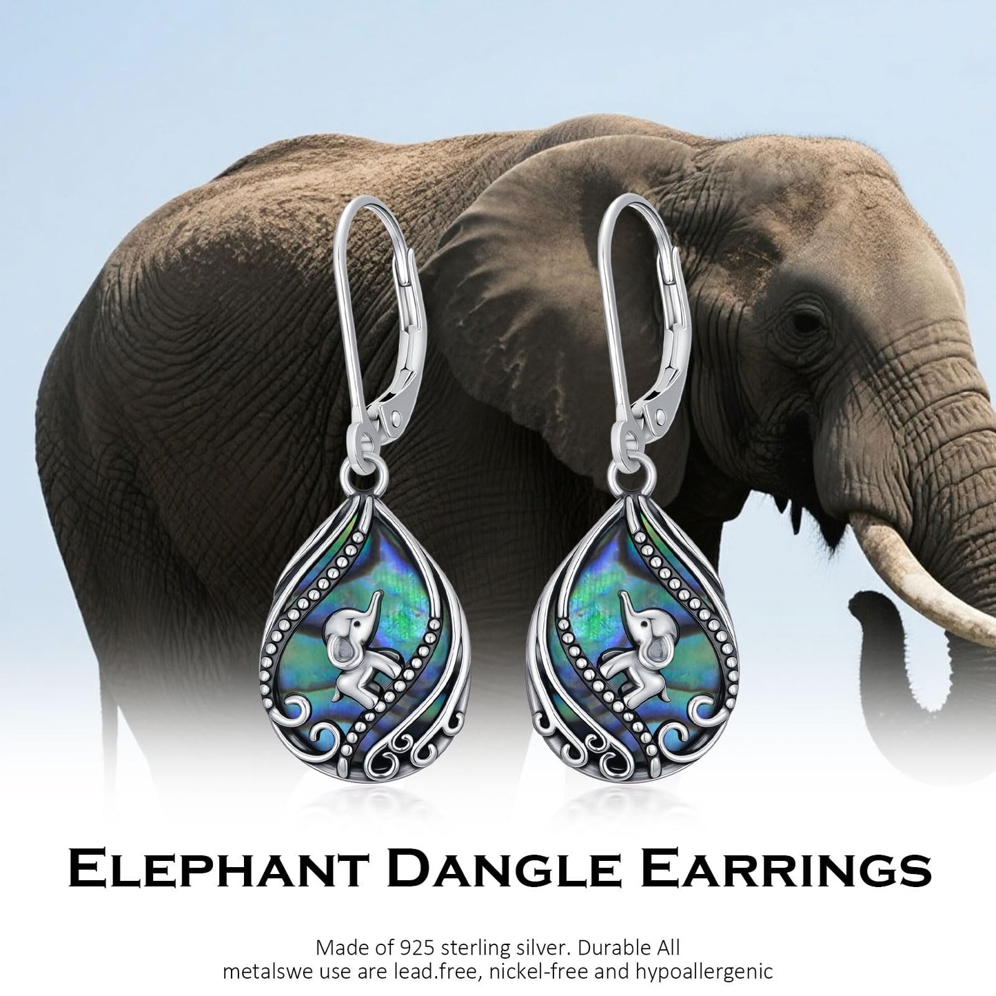 YYmqmq Elephant Earrings for Women 925 Sterling Sliver Abalone Dangle Earrings Leverback Abalone Shell Jewelry Elephant Gifts for Women Girlfriend