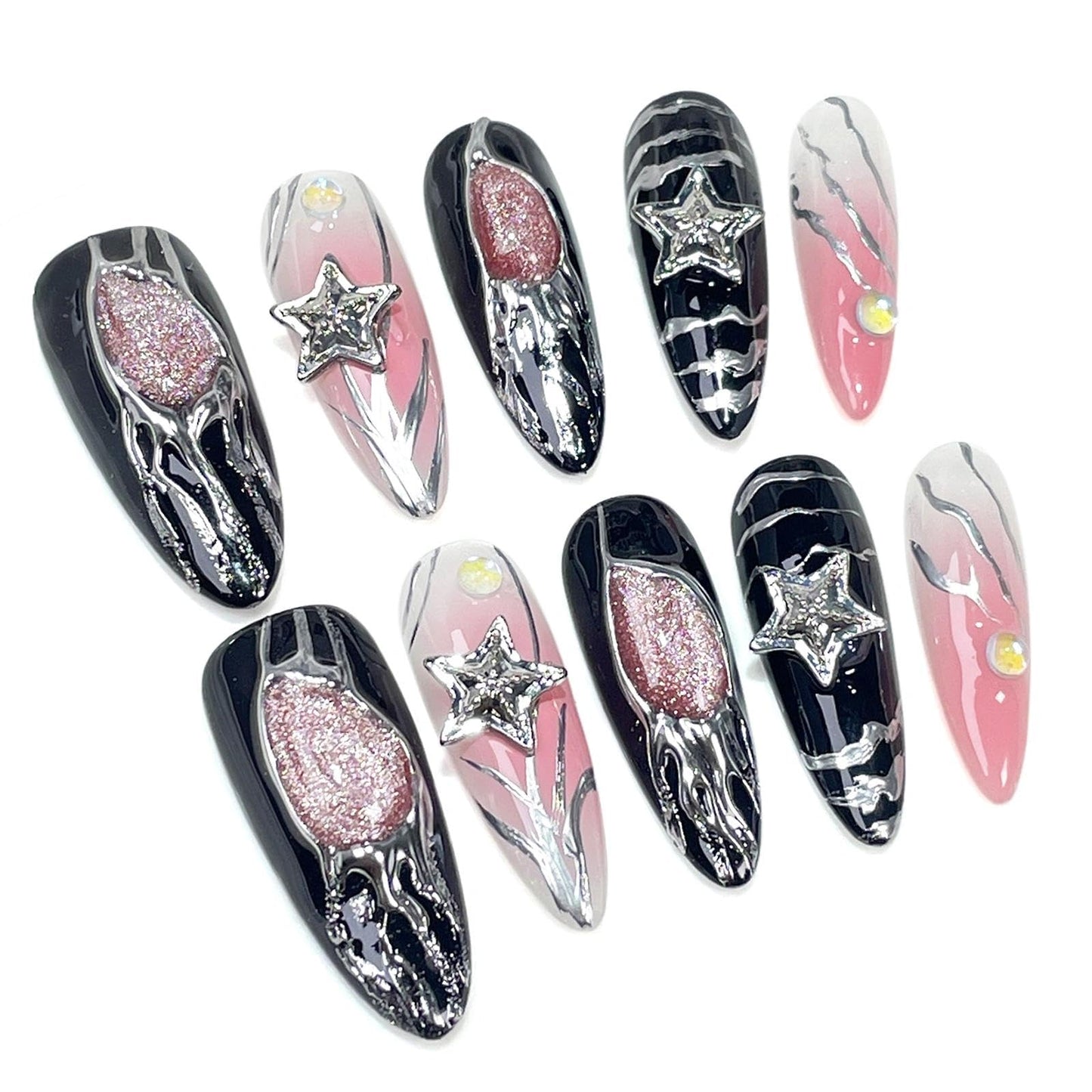 Handmade 3D Sweet Edgy Star Black Pink Stiletto Press On Nails, Metallic Stream Glitter Artisan Nails Set, Reusable Glossy Press-ons with Tool Kit(S)