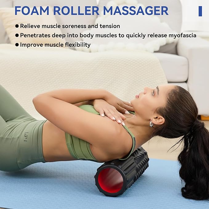 5 in 1 Foam Roller Set - Back Roller Foam, Muscle Roller Stick, Massage Ball, Resistance Band for Physical Therapy & Deep Tissue Muscle Massage (Black)